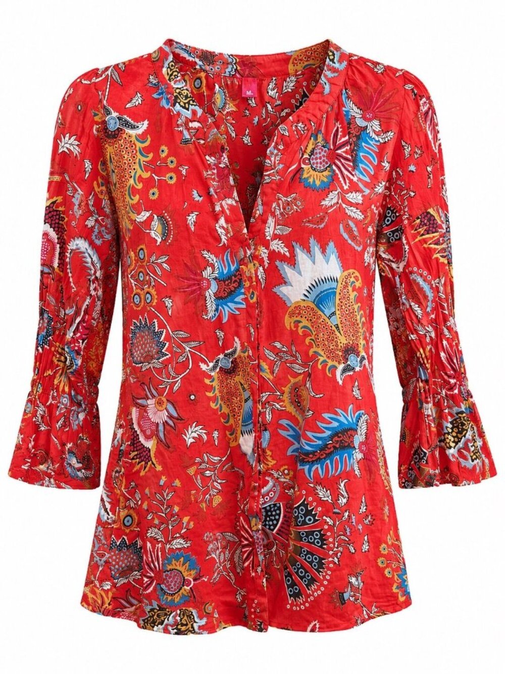 Raj Womens Red Floral Cotton Tunic Top W/ 3/4 Sleeves & Boho Print Size M